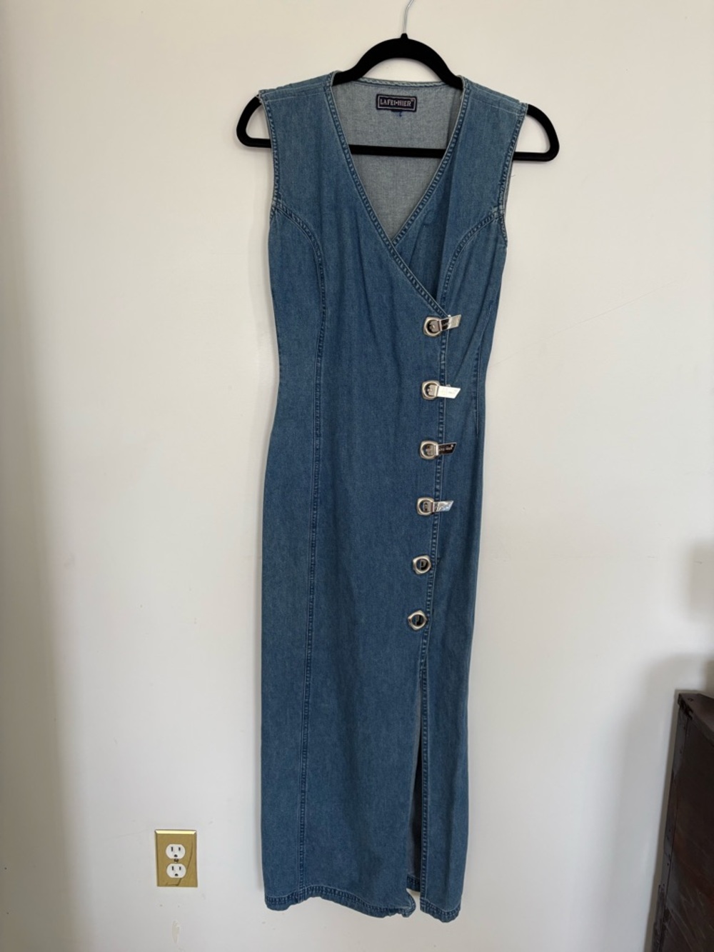 La Femme Sleeveless Denim Wrap Maxi Dress in Blue